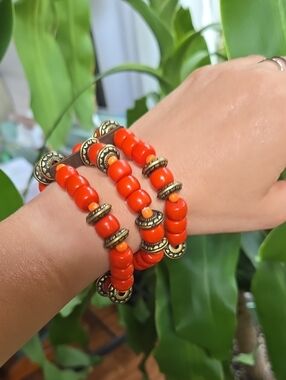Bold Orange Beaded Elastic Bracelet Set - 3 Strand